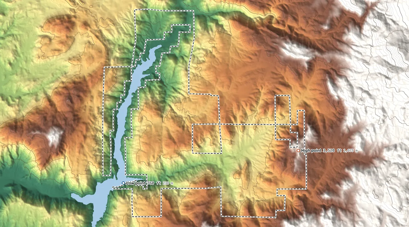 Topographic elevation map of Capitan Grande Reservation, California, shaded from 760 ft on the southwest side to 3,520 ft on the east side