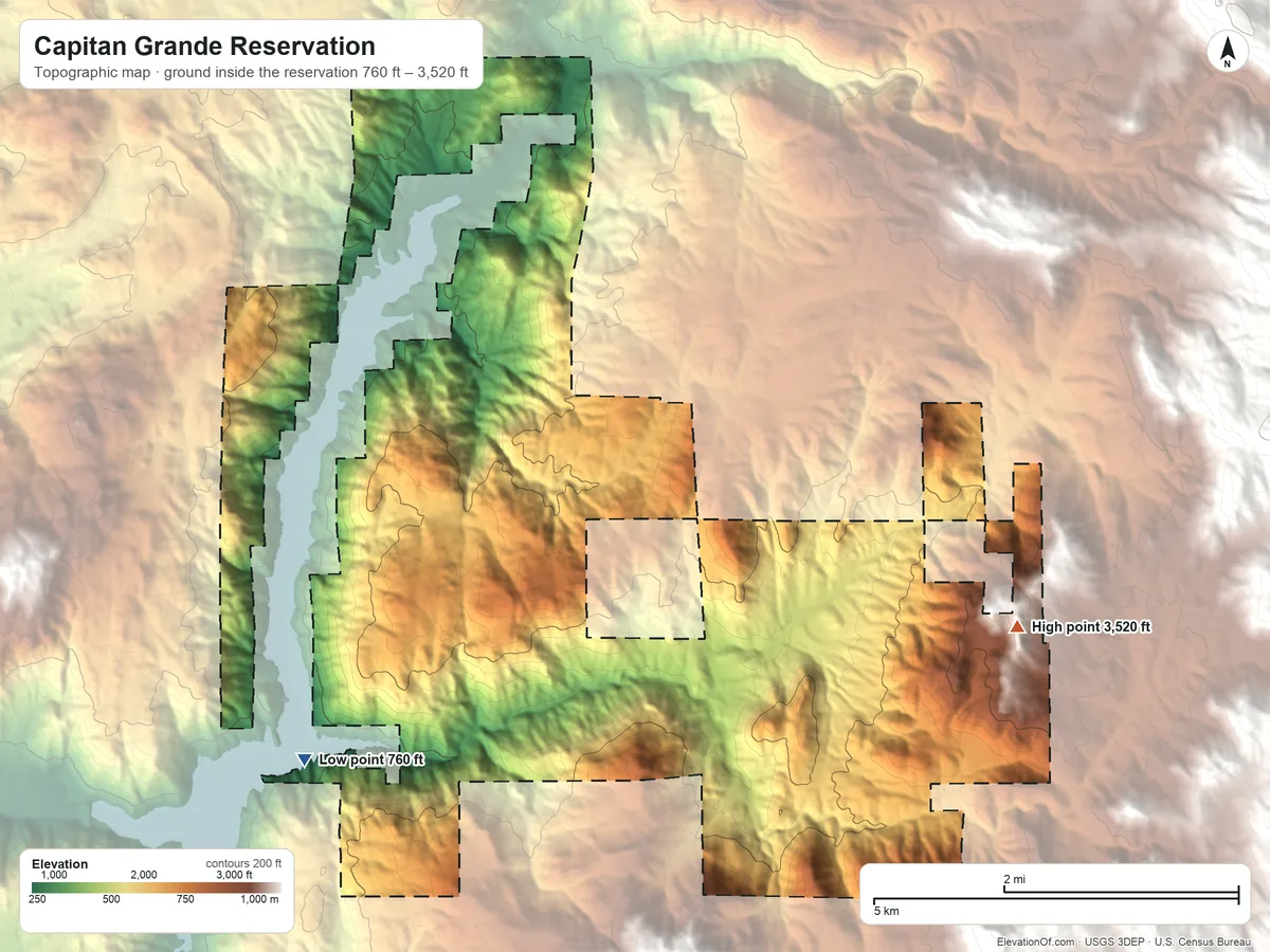 Topographic elevation map of Capitan Grande Reservation, California, shaded from 760 ft on the southwest side to 3,520 ft on the east side