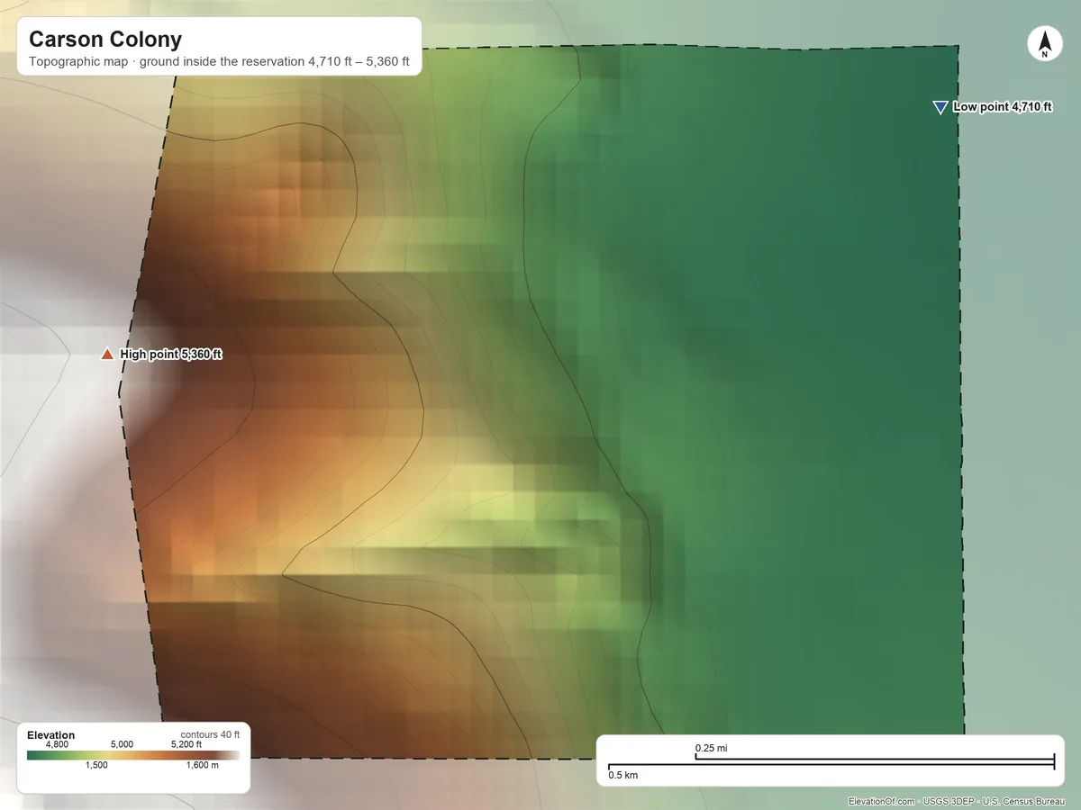 Topographic elevation map of Carson Colony, Nevada, shaded from 4,710 ft on the northeast side to 5,360 ft on the west side