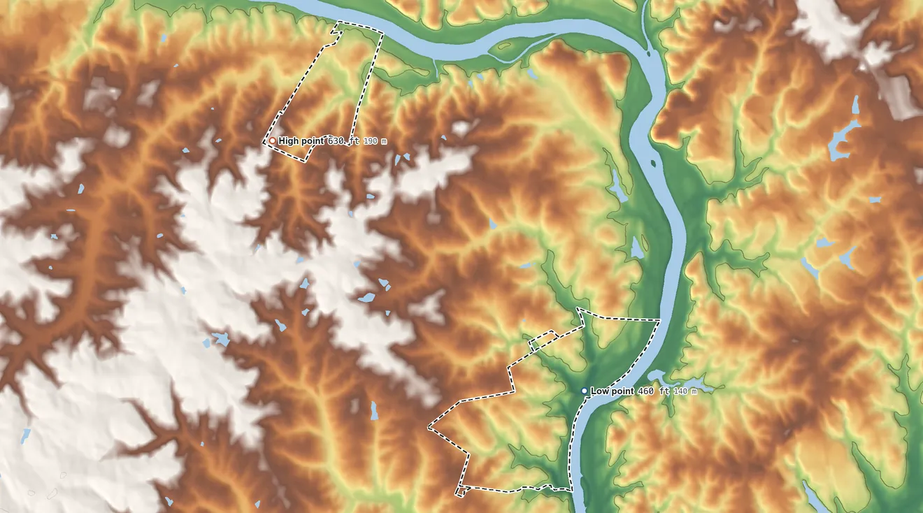Topographic elevation map of Catawba Reservation, South Carolina, shaded from 460 ft on the southeast side to 630 ft on the northwest side