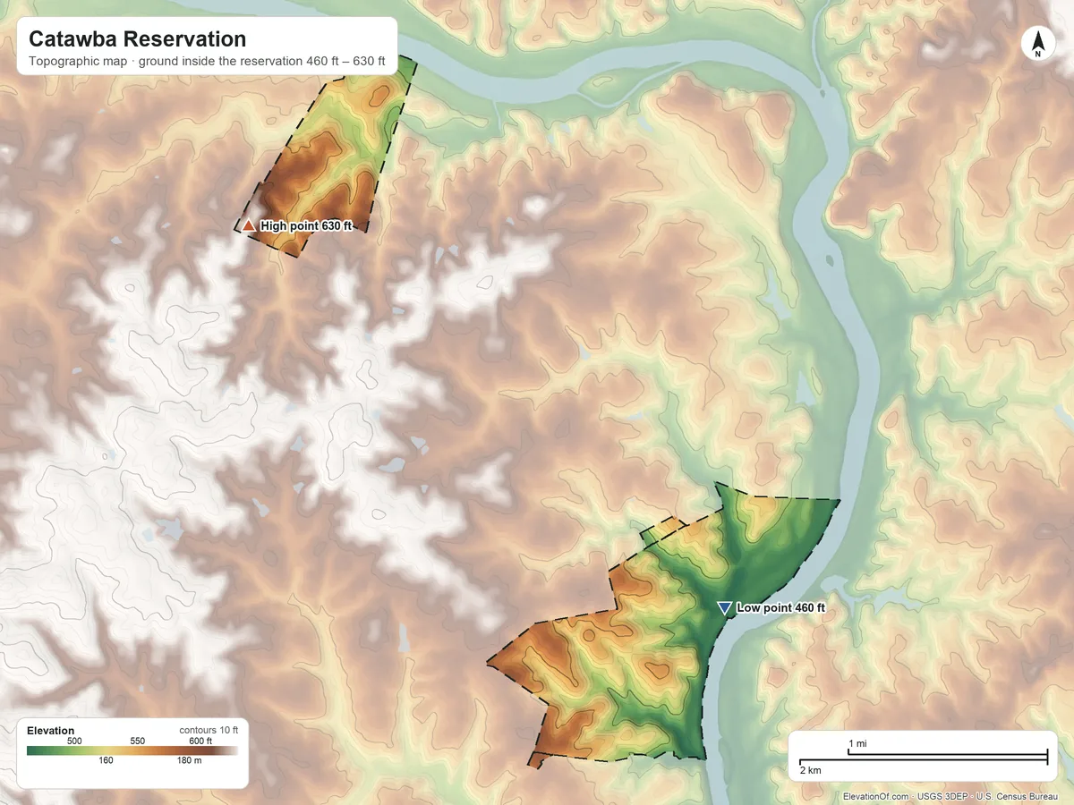 Topographic elevation map of Catawba Reservation, South Carolina, shaded from 460 ft on the southeast side to 630 ft on the northwest side