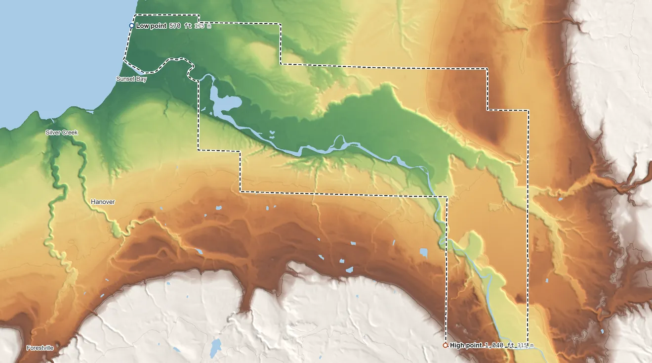 Topographic elevation map of Cattaraugus Reservation, New York, shaded from 570 ft on the northwest side to 1,040 ft on the southeast side