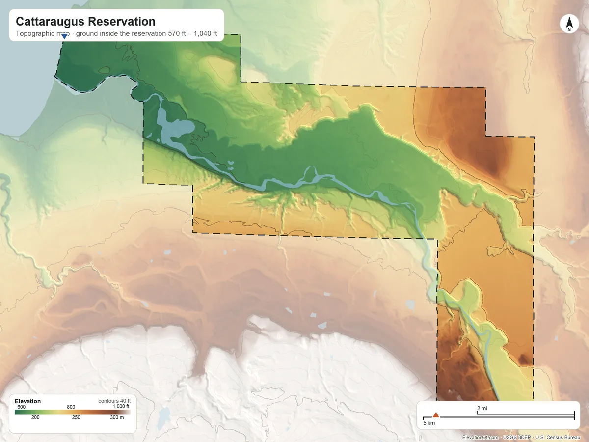 Topographic elevation map of Cattaraugus Reservation, New York, shaded from 570 ft on the northwest side to 1,040 ft on the southeast side