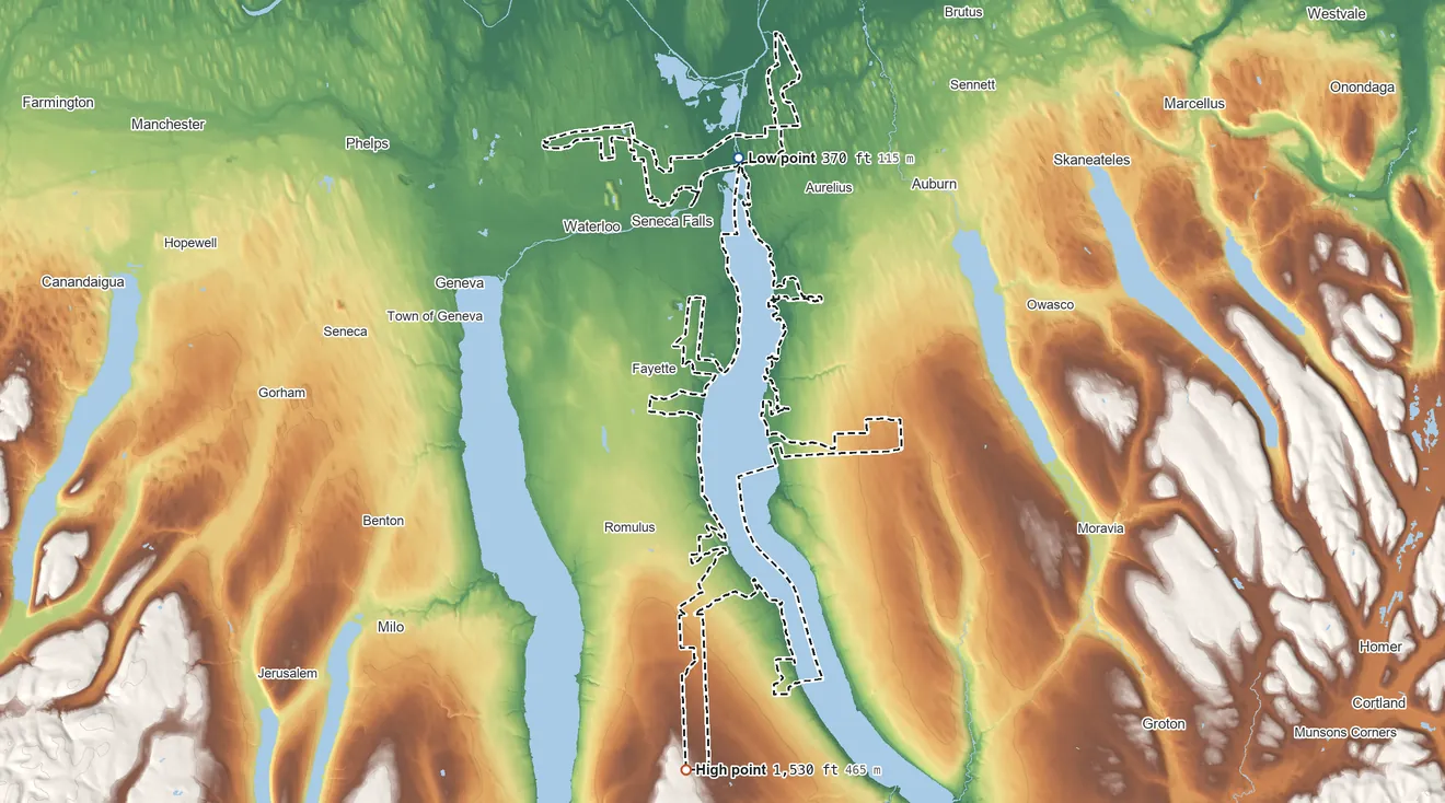 Topographic elevation map of Cayuga Nation TDSA, New York, shaded from 370 ft on the north side to 1,530 ft on the south side