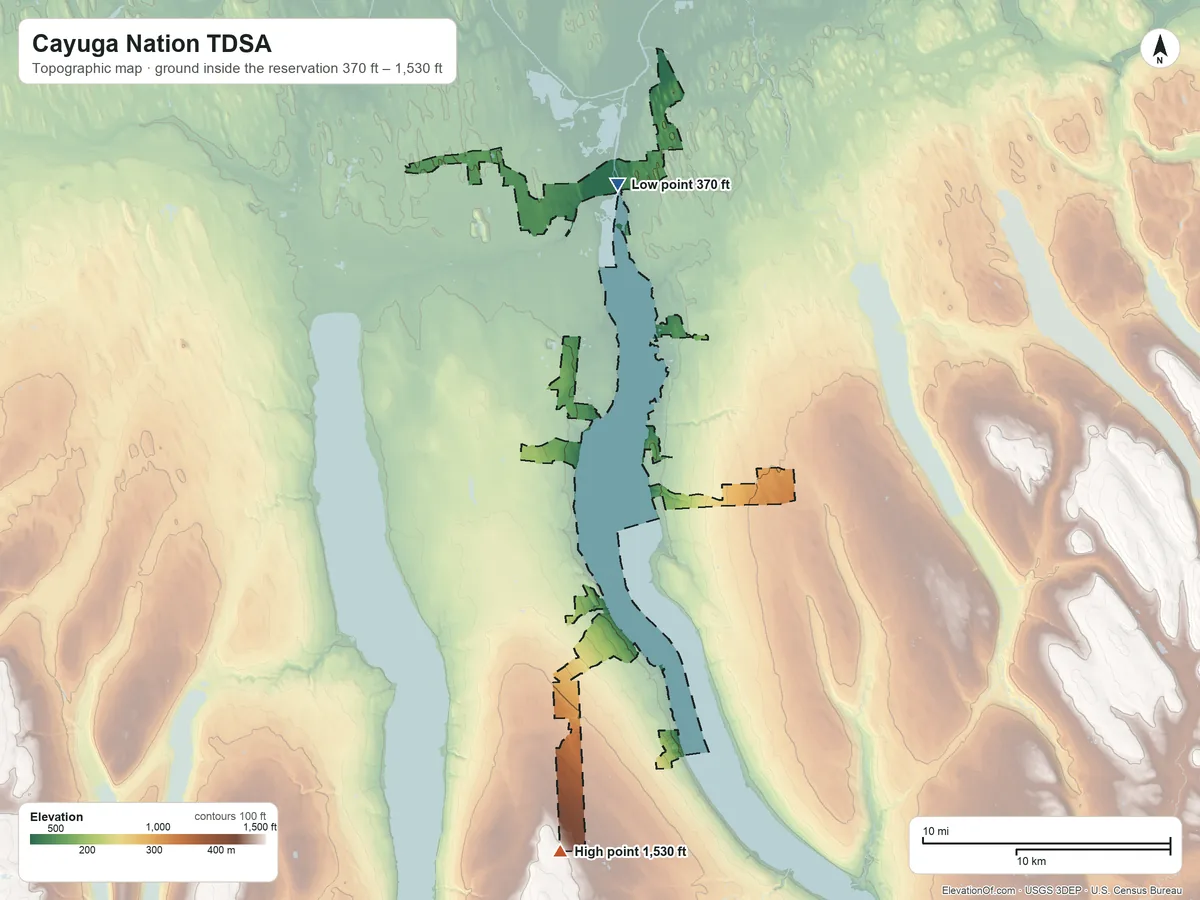 Topographic elevation map of Cayuga Nation TDSA, New York, shaded from 370 ft on the north side to 1,530 ft on the south side