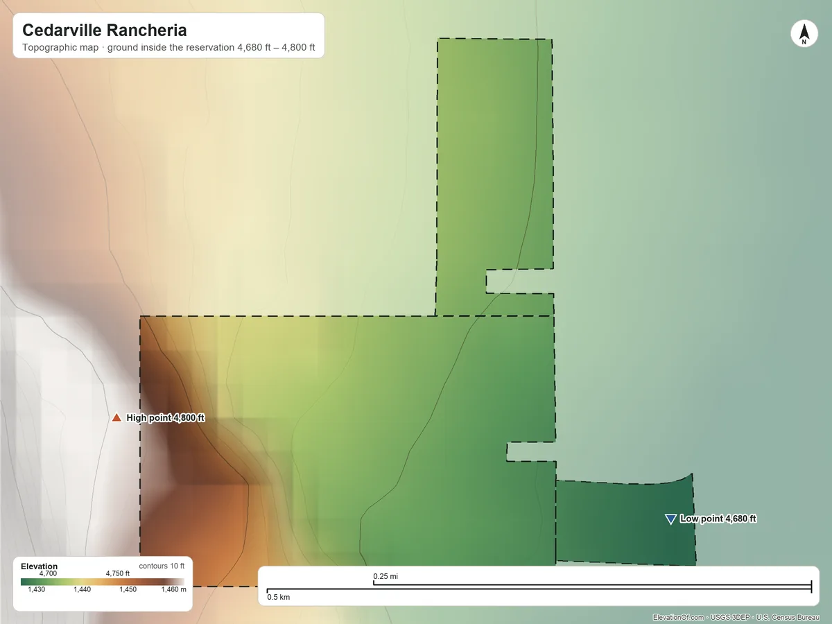 Topographic elevation map of Cedarville Rancheria, California, shaded from 4,680 ft on the southeast side to 4,800 ft on the west side