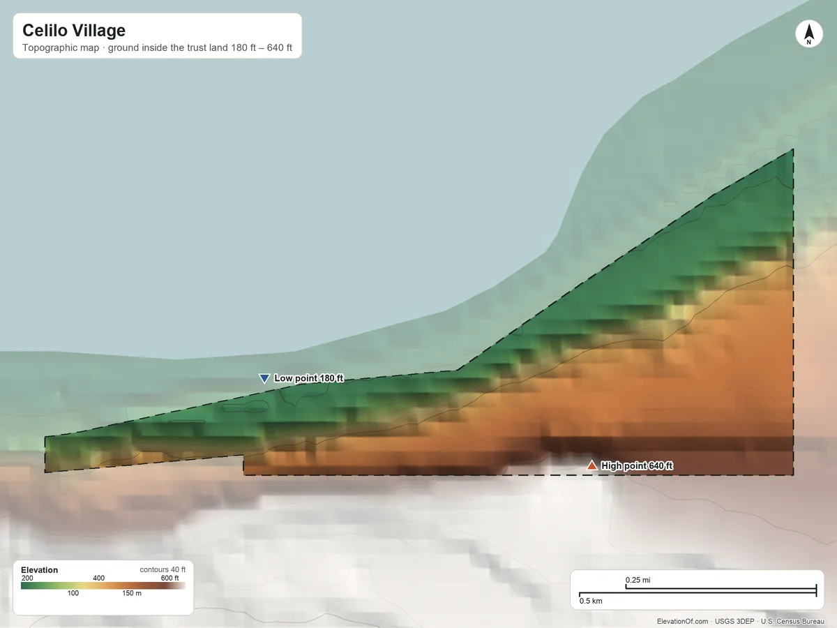 Topographic elevation map of Celilo Village, Oregon, shaded from 180 ft on the southwest side to 640 ft on the southeast side