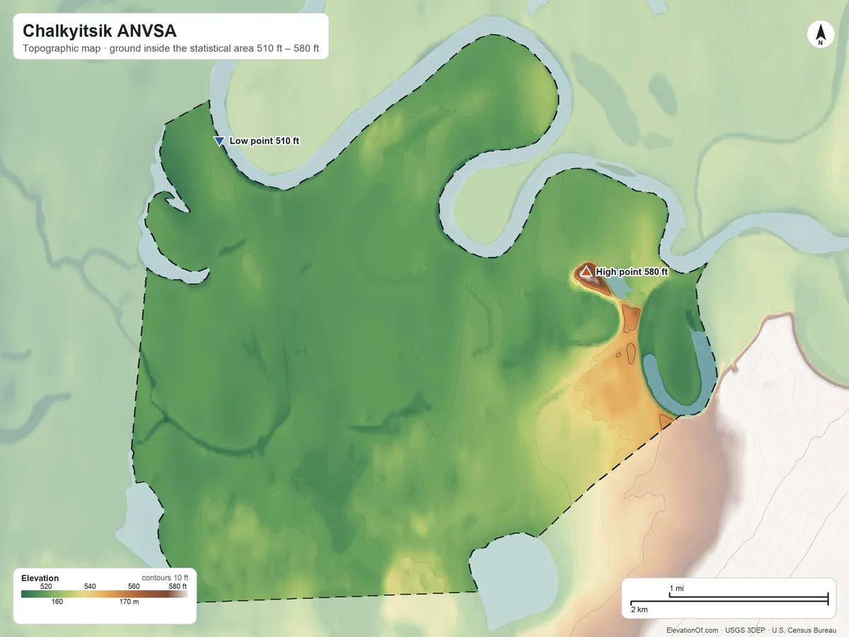Topographic elevation map of Chalkyitsik ANVSA, Alaska, shaded from 510 ft on the northwest side to 580 ft on Tsoktui Hill
