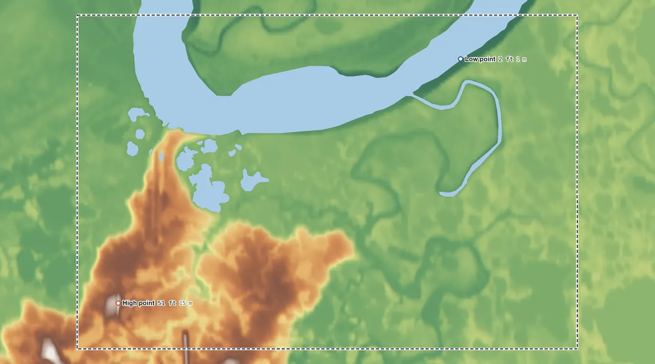 Topographic elevation map of Chefornak ANVSA, Alaska, shaded from 2 ft on the northeast side to 51 ft on the southwest side