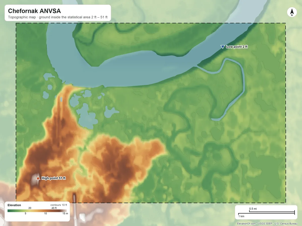 Topographic elevation map of Chefornak ANVSA, Alaska, shaded from 2 ft on the northeast side to 51 ft on the southwest side
