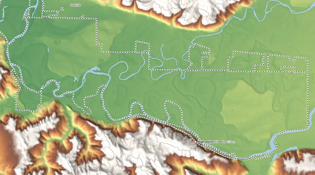 Topographic elevation map of Chehalis Reservation, Washington, shaded from 37 ft on the northwest side to 370 ft on the southeast side