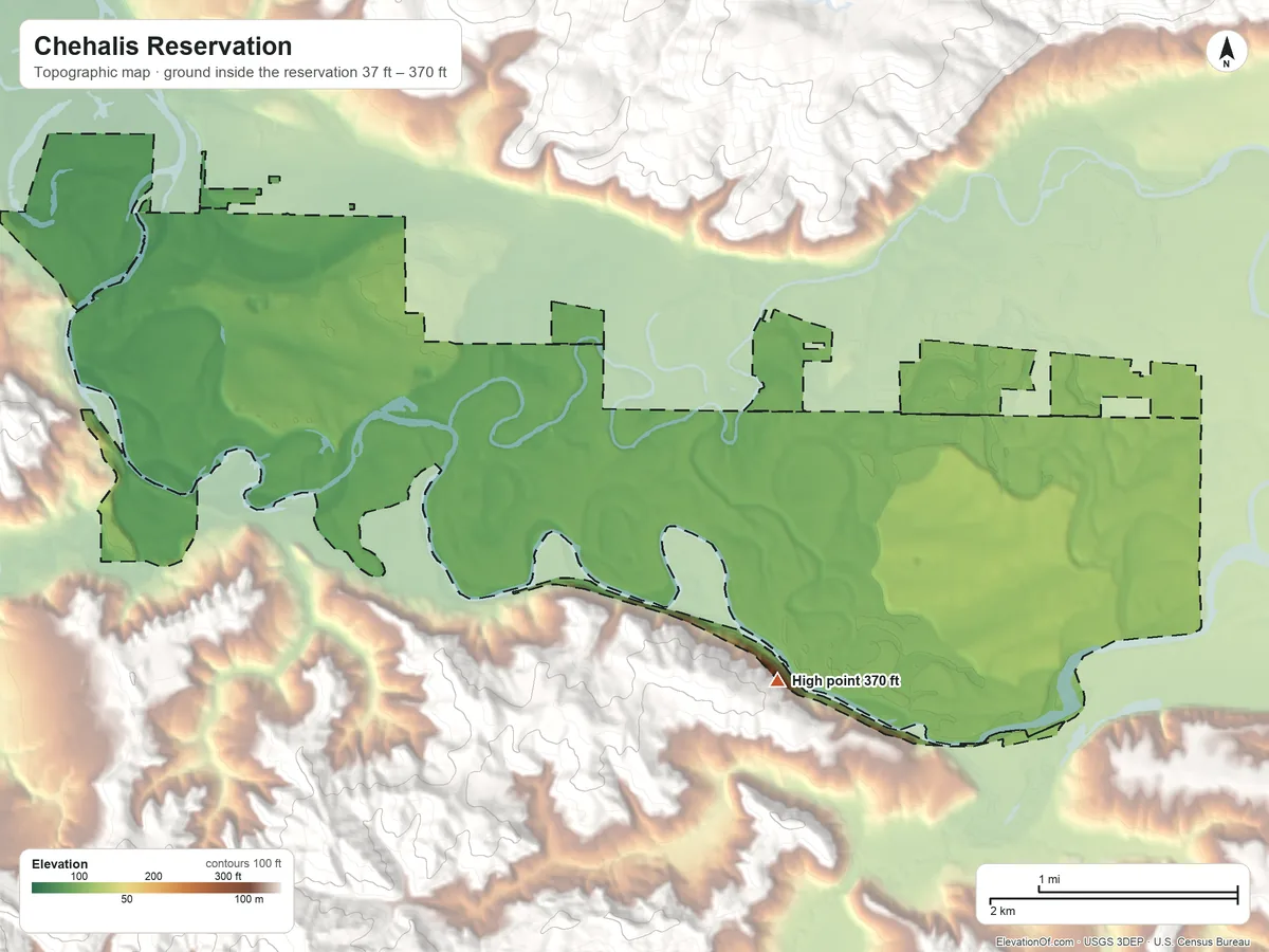Topographic elevation map of Chehalis Reservation, Washington, shaded from 37 ft on the northwest side to 370 ft on the southeast side