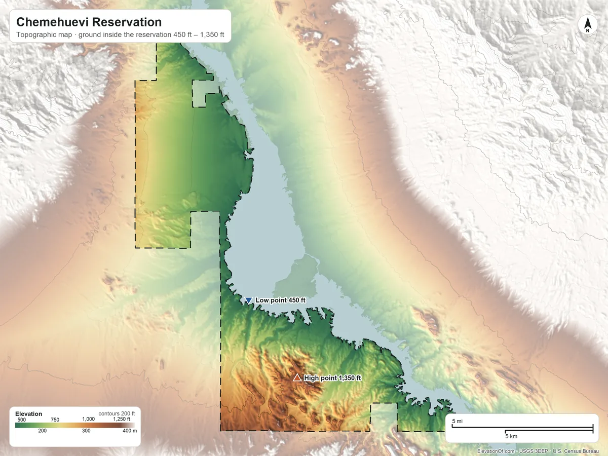 Topographic elevation map of Chemehuevi Reservation, California, shaded from 450 ft on the southwest side to 1,350 ft on the south side
