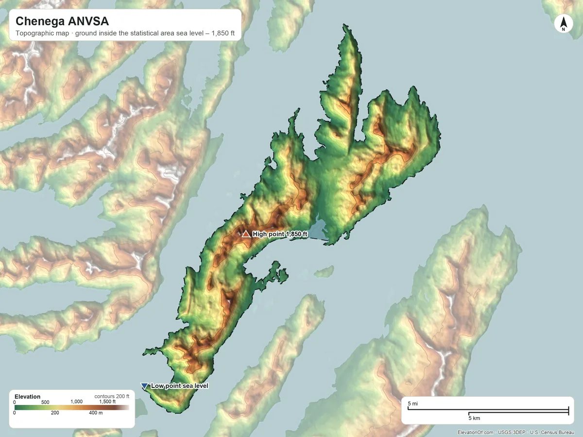 Topographic elevation map of Chenega ANVSA, Alaska, shaded from sea level on Squirrel Bay to 1,850 ft near the middle