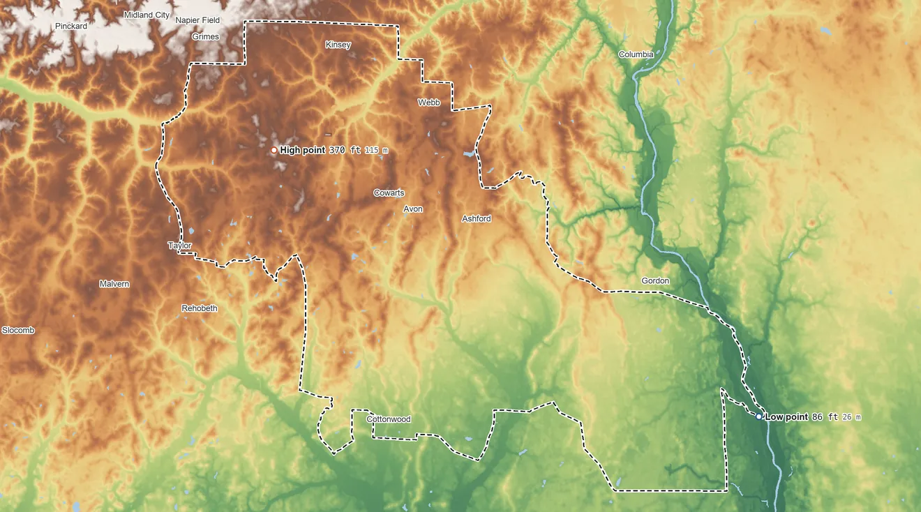 Topographic elevation map of Cher-O-Creek SDTSA, Alabama, shaded from 86 ft on the southeast side to 370 ft on the northwest side