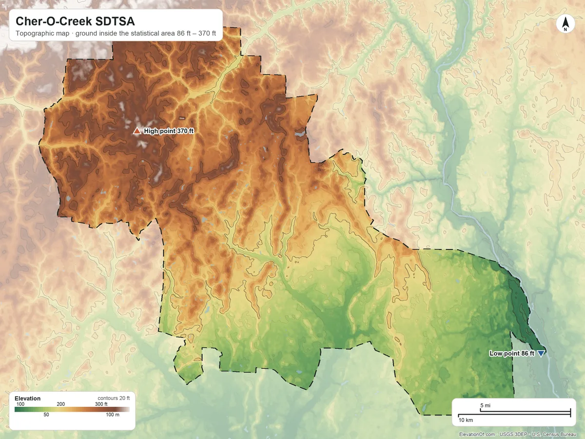 Topographic elevation map of Cher-O-Creek SDTSA, Alabama, shaded from 86 ft on the southeast side to 370 ft on the northwest side