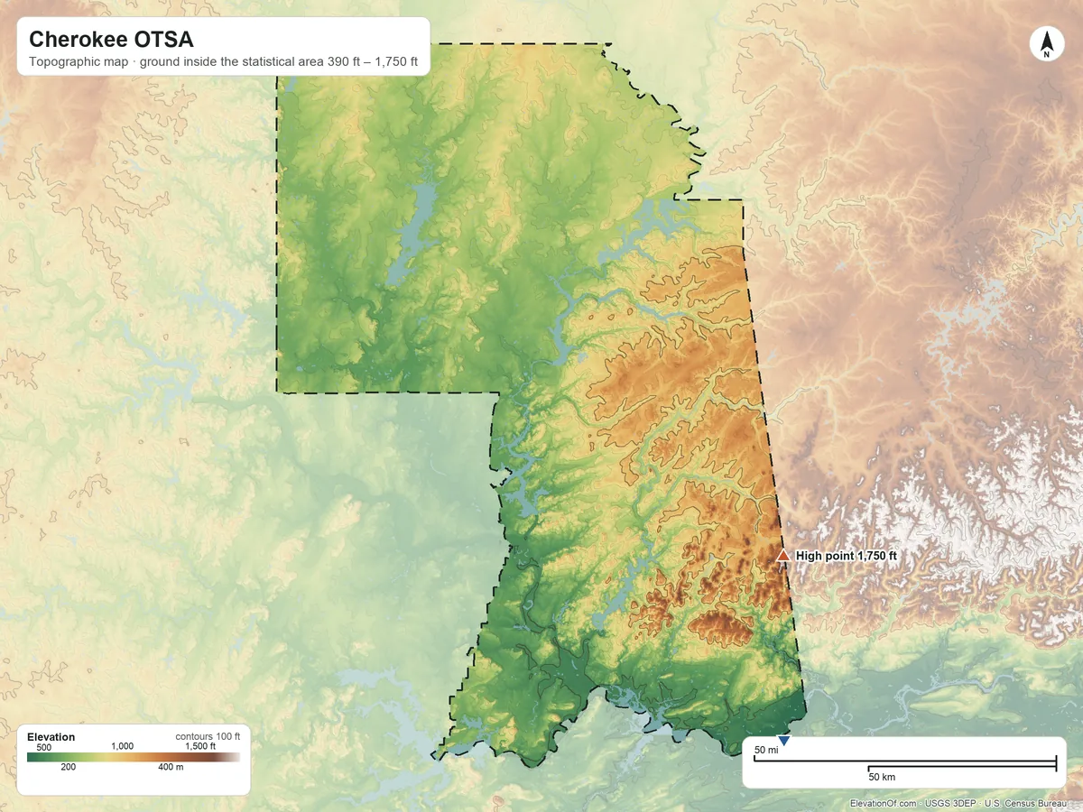 Topographic elevation map of Cherokee OTSA, Oklahoma, shaded from 390 ft on the southeast side to 1,750 ft on the southeast side