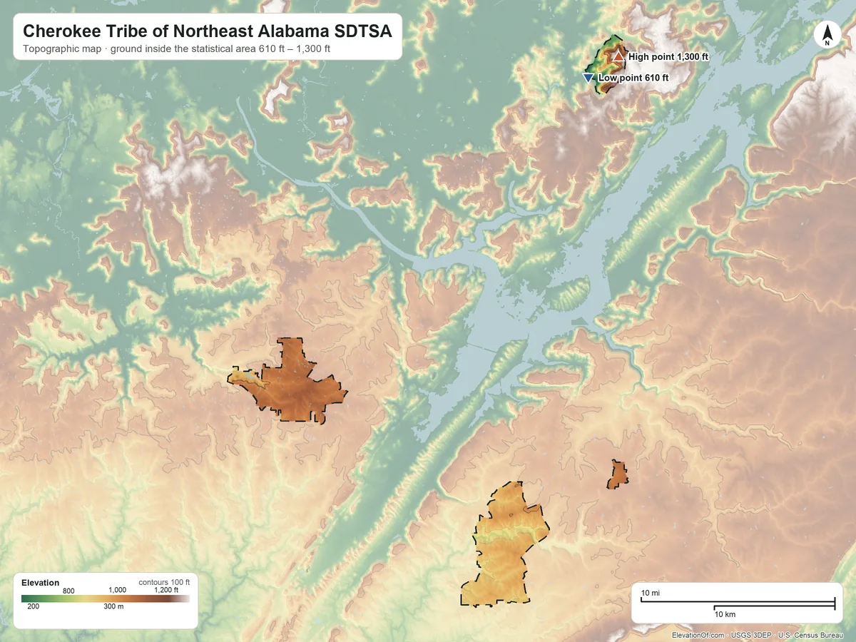 Topographic elevation map of Cherokee Tribe of Northeast Alabama SDTSA, Alabama, shaded from 610 ft on the northeast side to 1,300 ft on the northeast side