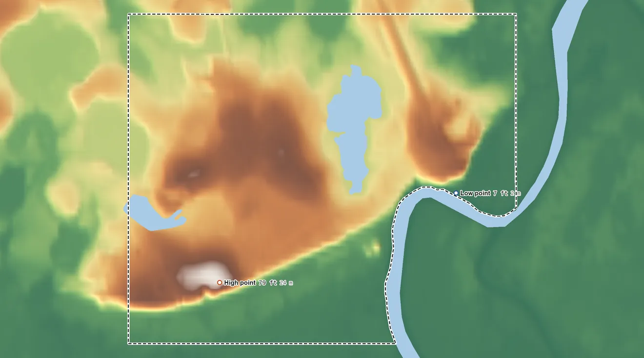 Topographic elevation map of Chevak ANVSA, Alaska, shaded from 7 ft on the east side to 79 ft on the southwest side