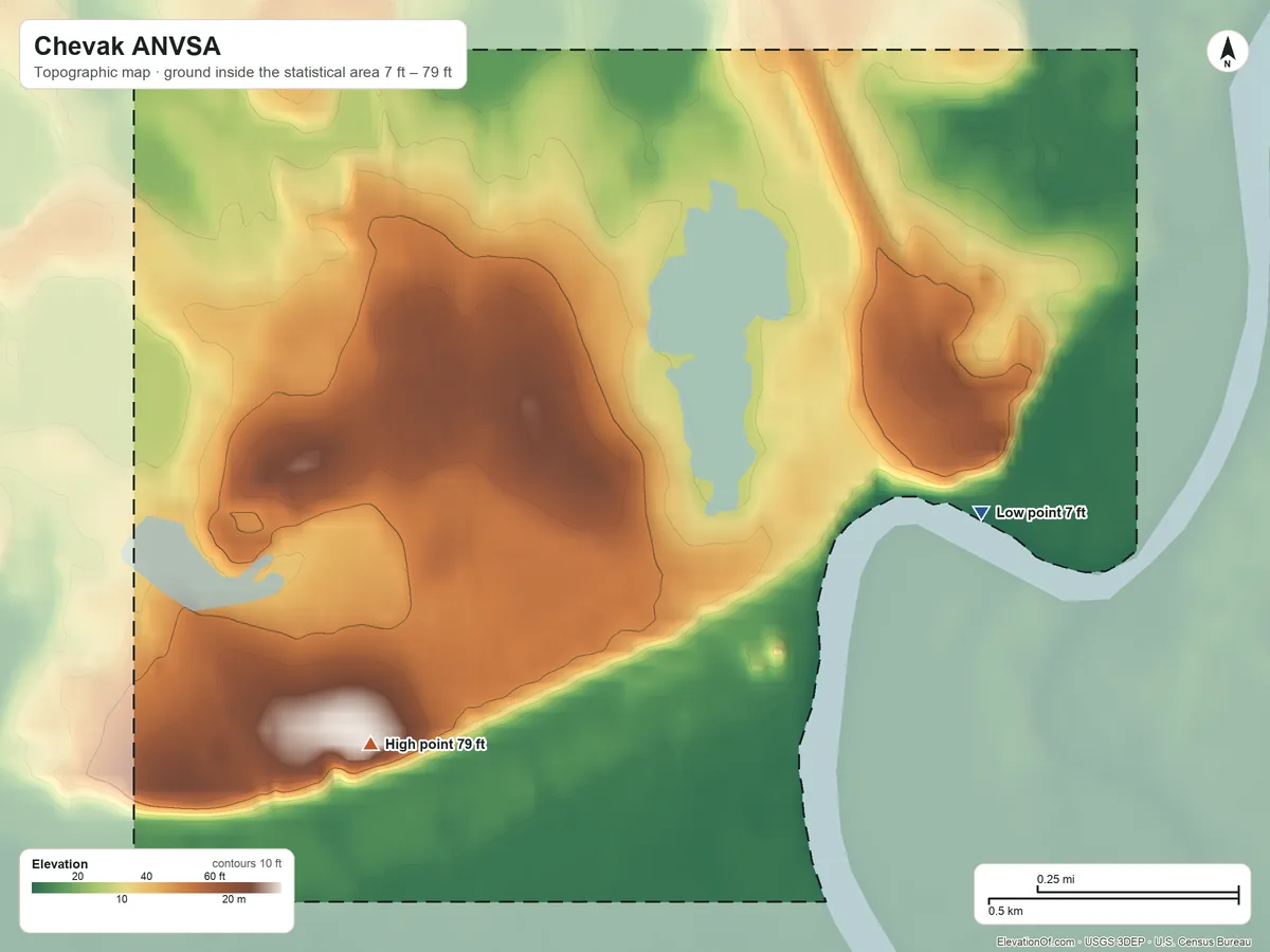 Topographic elevation map of Chevak ANVSA, Alaska, shaded from 7 ft on the east side to 79 ft on the southwest side