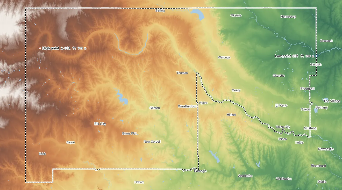 Topographic elevation map of Cheyenne and Arapaho OTSA, Oklahoma, shaded from 950 ft on the east side to 2,601 ft on Antelope Hills