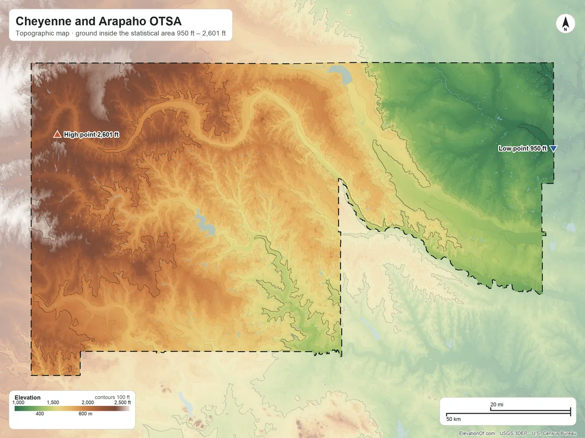 Topographic elevation map of Cheyenne and Arapaho OTSA, Oklahoma, shaded from 950 ft on the east side to 2,601 ft on Antelope Hills