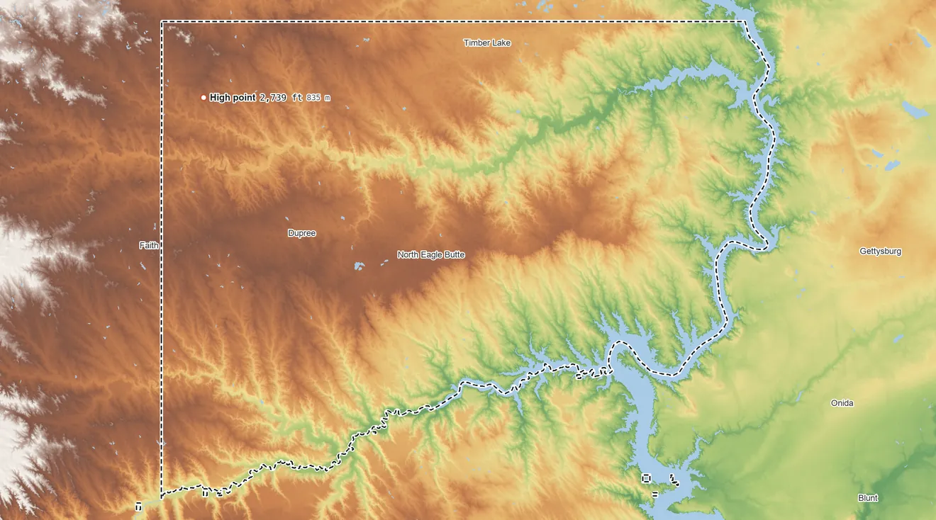 Topographic elevation map of Cheyenne River Reservation, South Dakota, shaded from 1,460 ft on the southeast side to 2,739 ft on Thunder Butte
