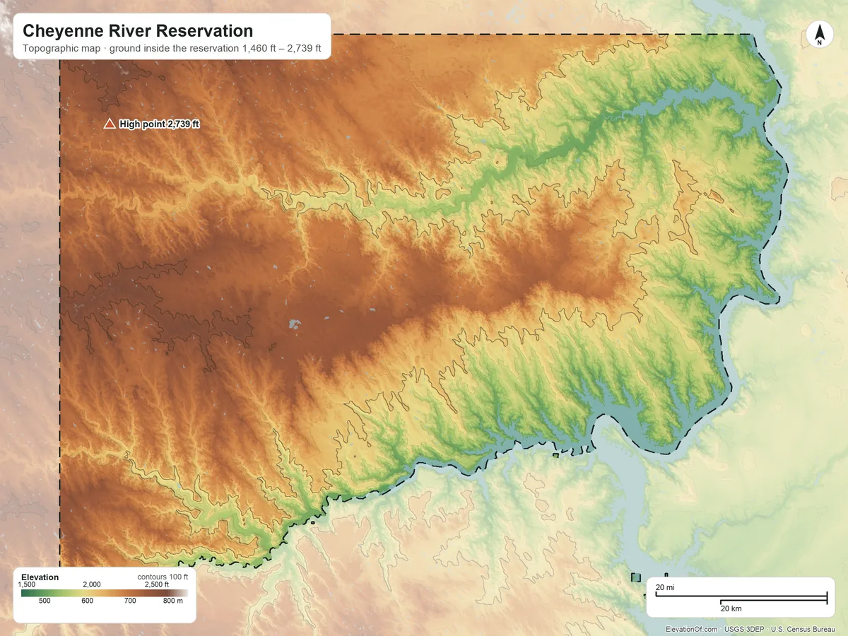 Topographic elevation map of Cheyenne River Reservation, South Dakota, shaded from 1,460 ft on the southeast side to 2,739 ft on Thunder Butte