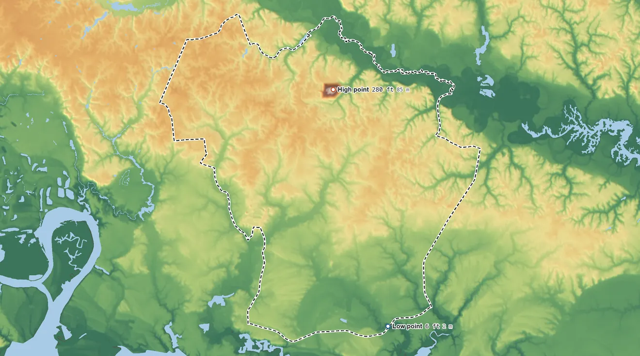 Topographic elevation map of Chickahominy TDSA, Virginia, shaded from 6 ft on the southeast side to 280 ft on the north side