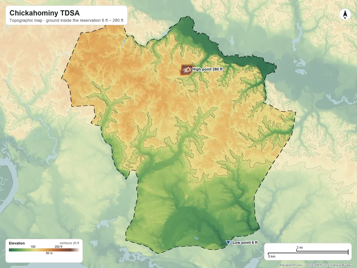 Topographic elevation map of Chickahominy TDSA, Virginia, shaded from 6 ft on the southeast side to 280 ft on the north side