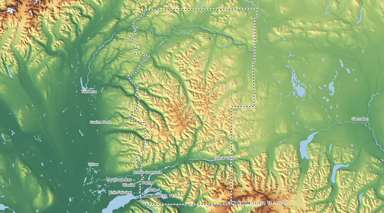 Topographic elevation map of Chickaloon ANVSA, Alaska, shaded from 19 ft on the southwest side to 13,110 ft on Mount Marcus Baker