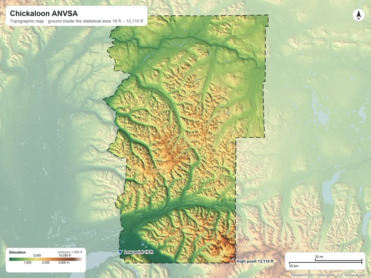 Topographic elevation map of Chickaloon ANVSA, Alaska, shaded from 19 ft on the southwest side to 13,110 ft on Mount Marcus Baker