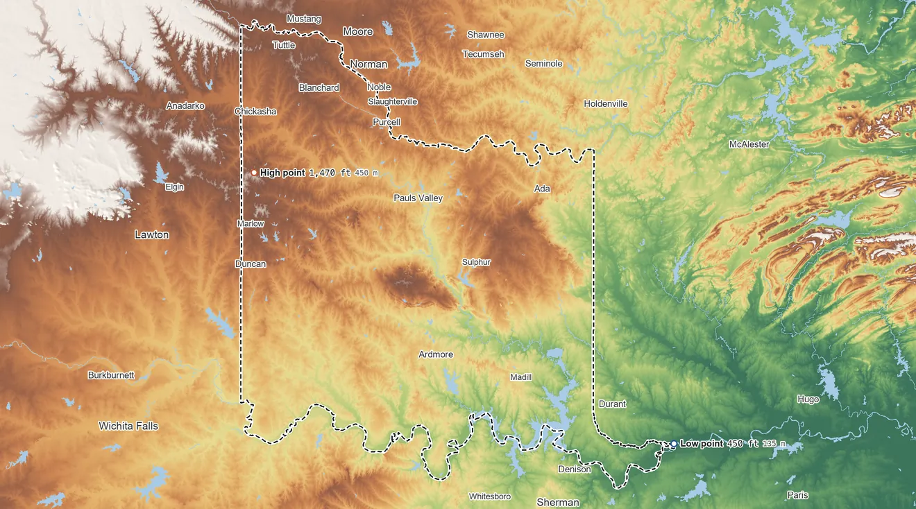 Topographic elevation map of Chickasaw OTSA, Oklahoma, shaded from 450 ft on the southeast side to 1,470 ft on the west side