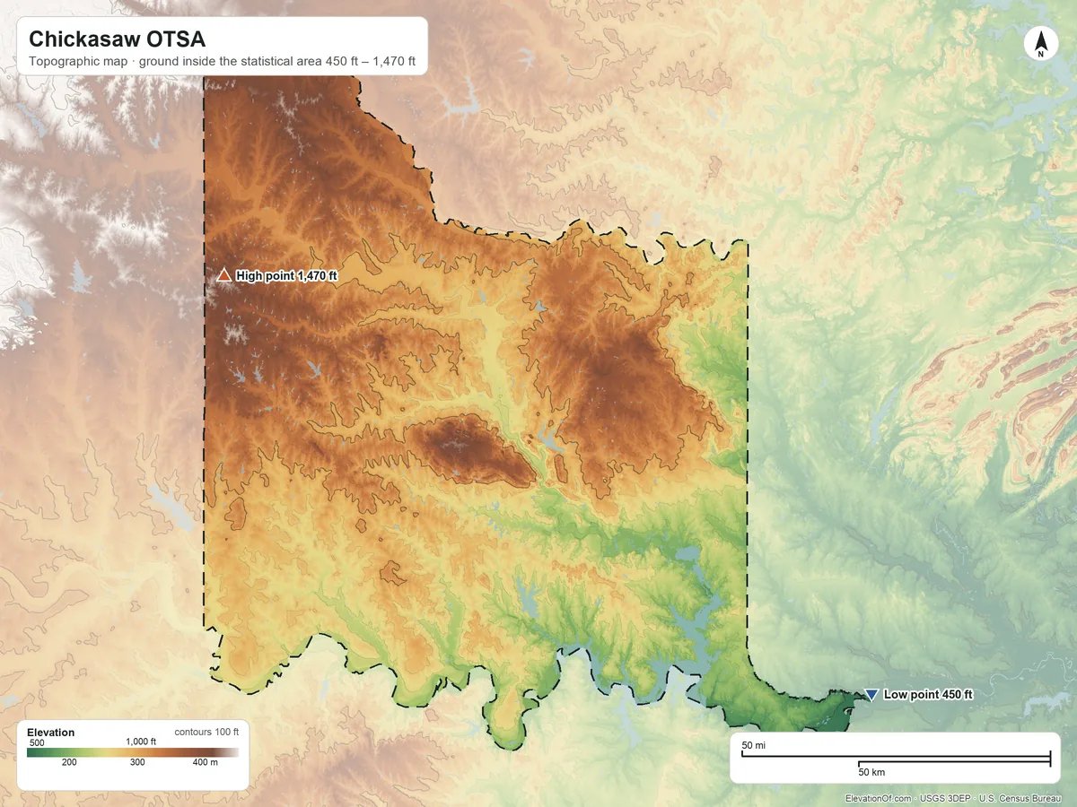 Topographic elevation map of Chickasaw OTSA, Oklahoma, shaded from 450 ft on the southeast side to 1,470 ft on the west side