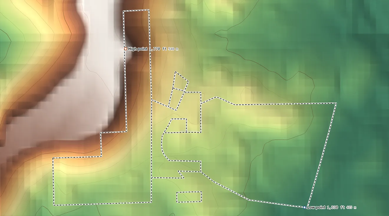 Topographic elevation map of Chicken Ranch Rancheria, California, shaded from 1,330 ft on the southeast side to 1,770 ft on the northwest side