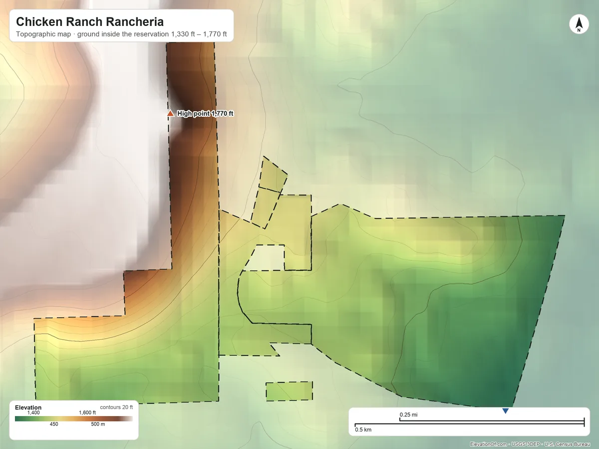Topographic elevation map of Chicken Ranch Rancheria, California, shaded from 1,330 ft on the southeast side to 1,770 ft on the northwest side