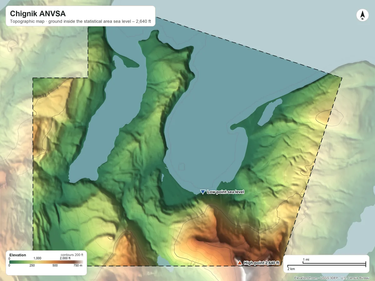 Topographic elevation map of Chignik ANVSA, Alaska, shaded from sea level on Anchorage Bay to 2,640 ft on the southeast side
