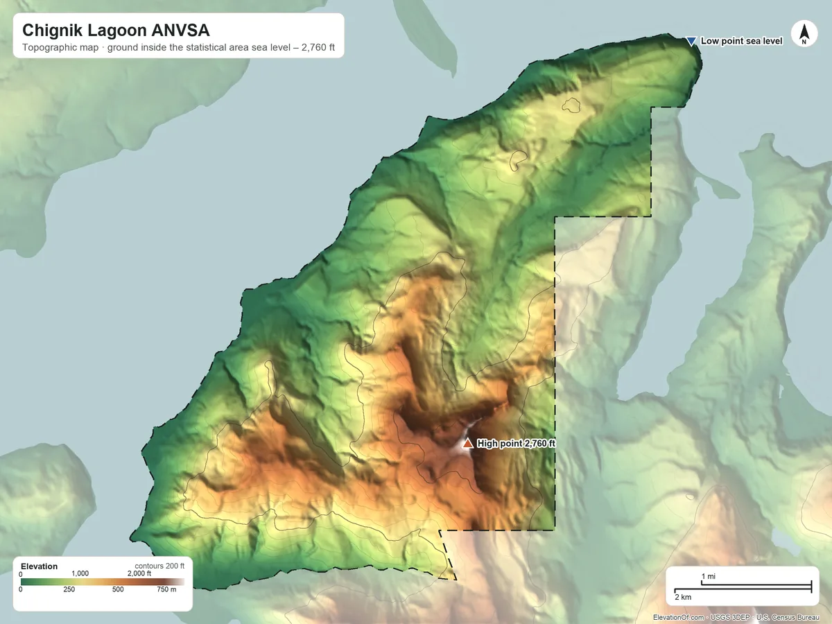 Topographic elevation map of Chignik Lagoon ANVSA, Alaska, shaded from sea level on Chignik Bay to 2,760 ft on the south side