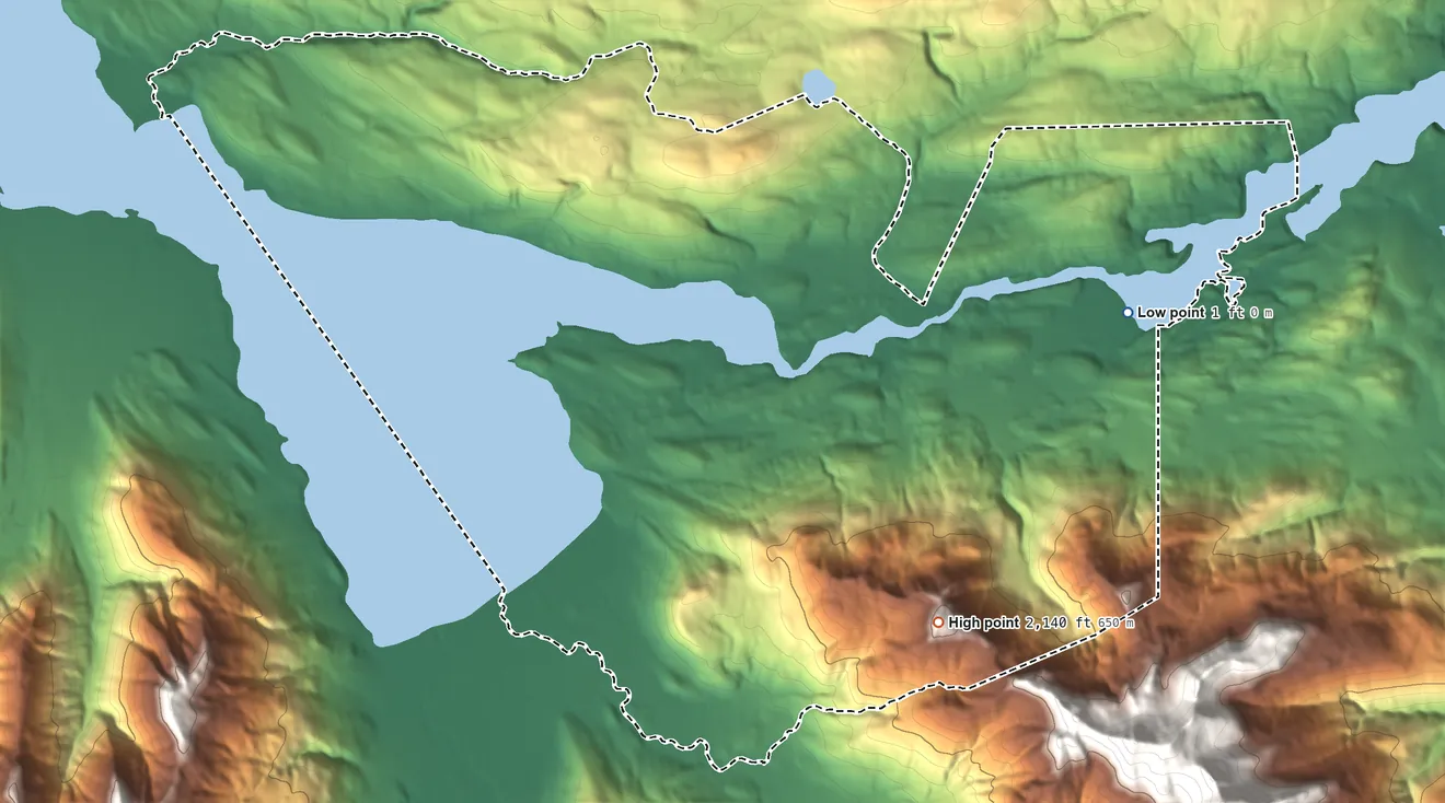 Topographic elevation map of Chignik Lake ANVSA, Alaska, shaded from 1 ft on the east side to 2,140 ft on the southeast side