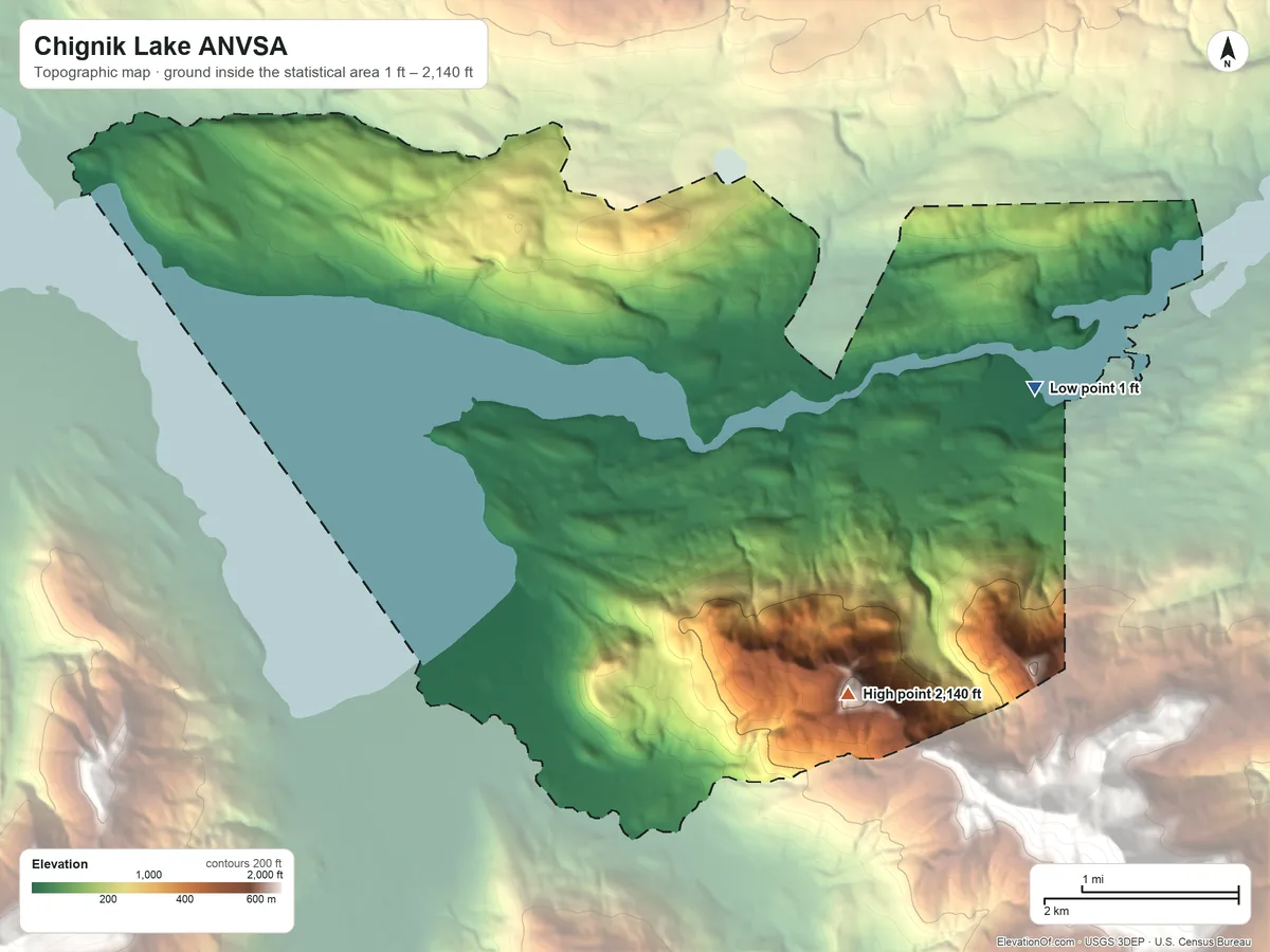 Topographic elevation map of Chignik Lake ANVSA, Alaska, shaded from 1 ft on the east side to 2,140 ft on the southeast side