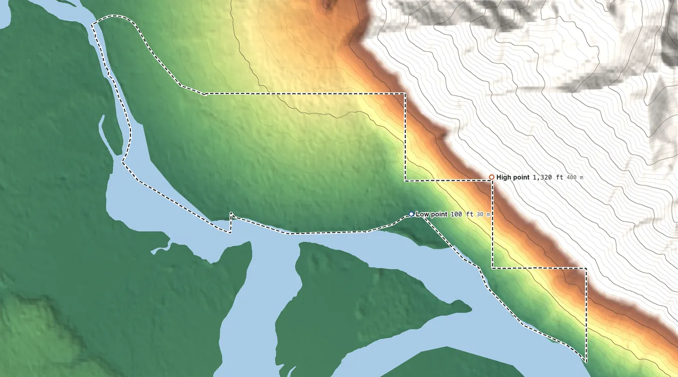 Topographic elevation map of Chilkat ANVSA, Alaska, shaded from 100 ft on the east side to 1,320 ft on the east side