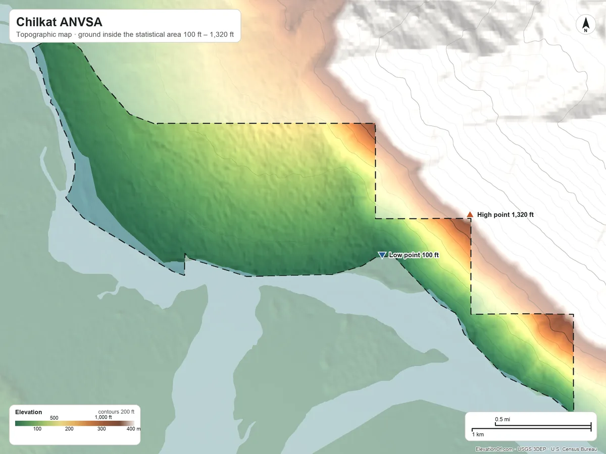 Topographic elevation map of Chilkat ANVSA, Alaska, shaded from 100 ft on the east side to 1,320 ft on the east side
