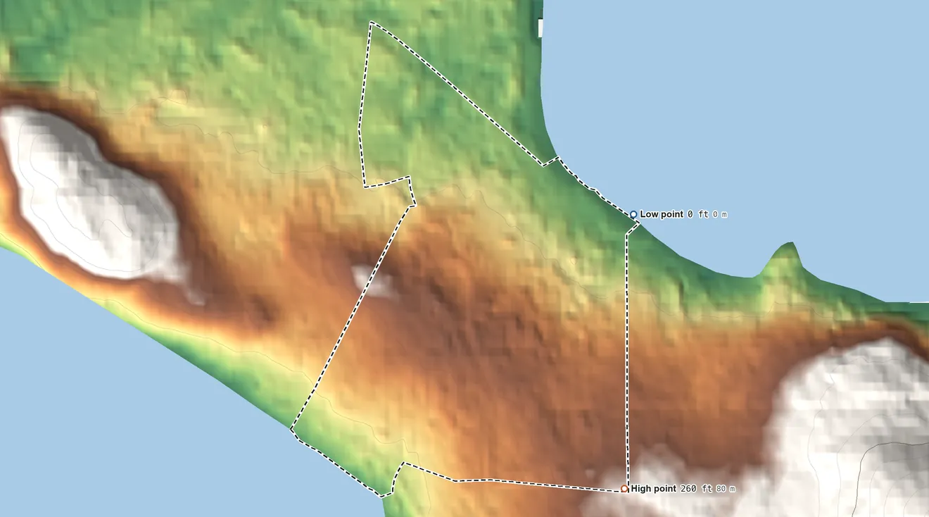 Topographic elevation map of Chilkoot ANVSA, Alaska, shaded from sea level on Portage Cove to 260 ft on the southeast side