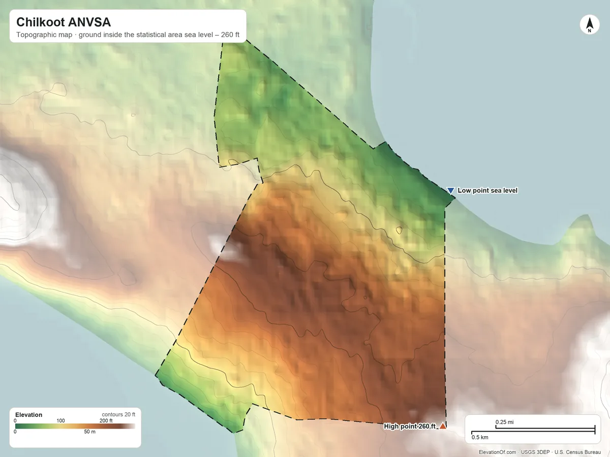 Topographic elevation map of Chilkoot ANVSA, Alaska, shaded from sea level on Portage Cove to 260 ft on the southeast side