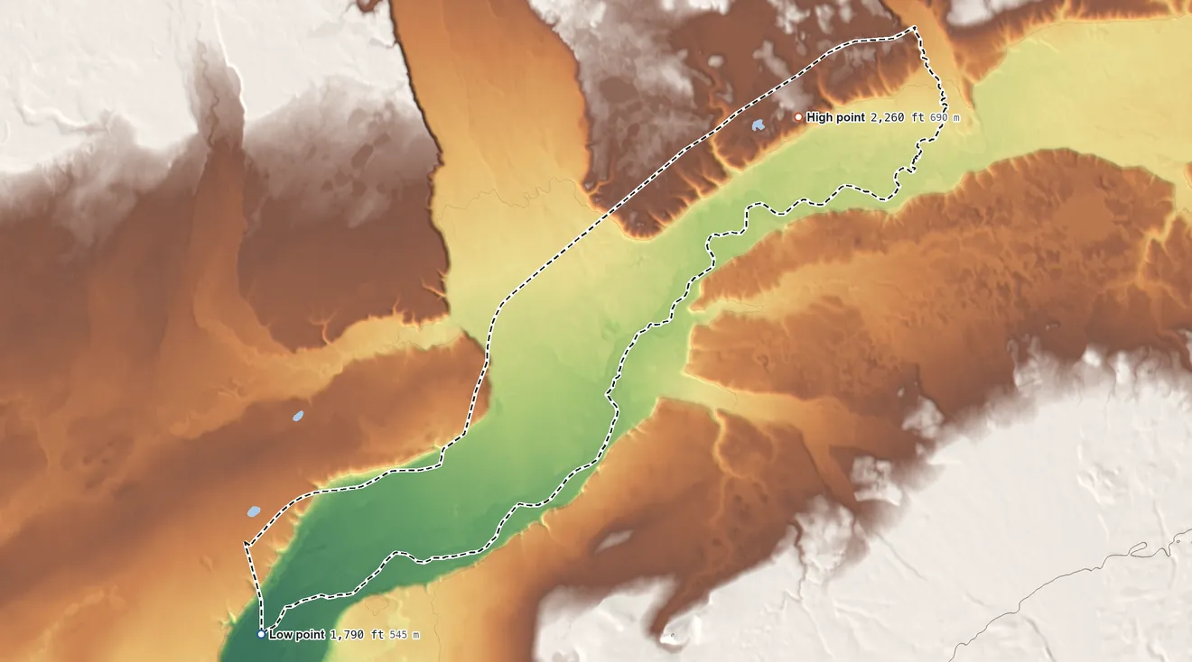 Topographic elevation map of Chistochina ANVSA, Alaska, shaded from 1,790 ft on the southwest side to 2,260 ft on the northeast side