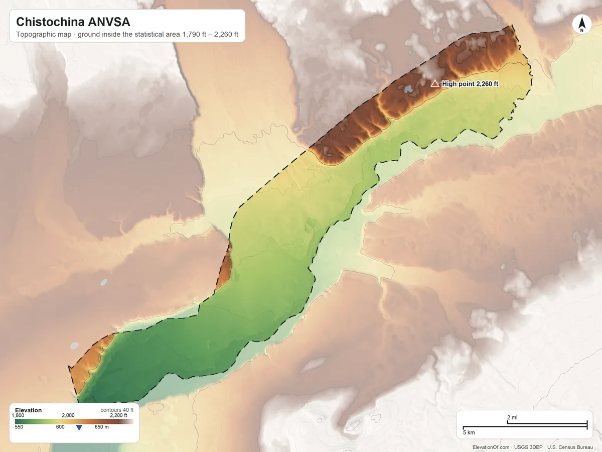 Topographic elevation map of Chistochina ANVSA, Alaska, shaded from 1,790 ft on the southwest side to 2,260 ft on the northeast side