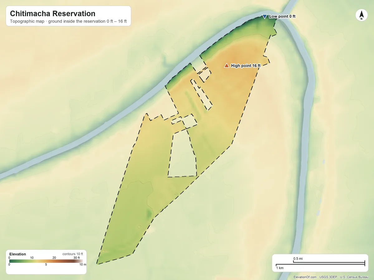 Topographic elevation map of Chitimacha Reservation, Louisiana, shaded from 0 ft on the northeast side to 16 ft on the northeast side