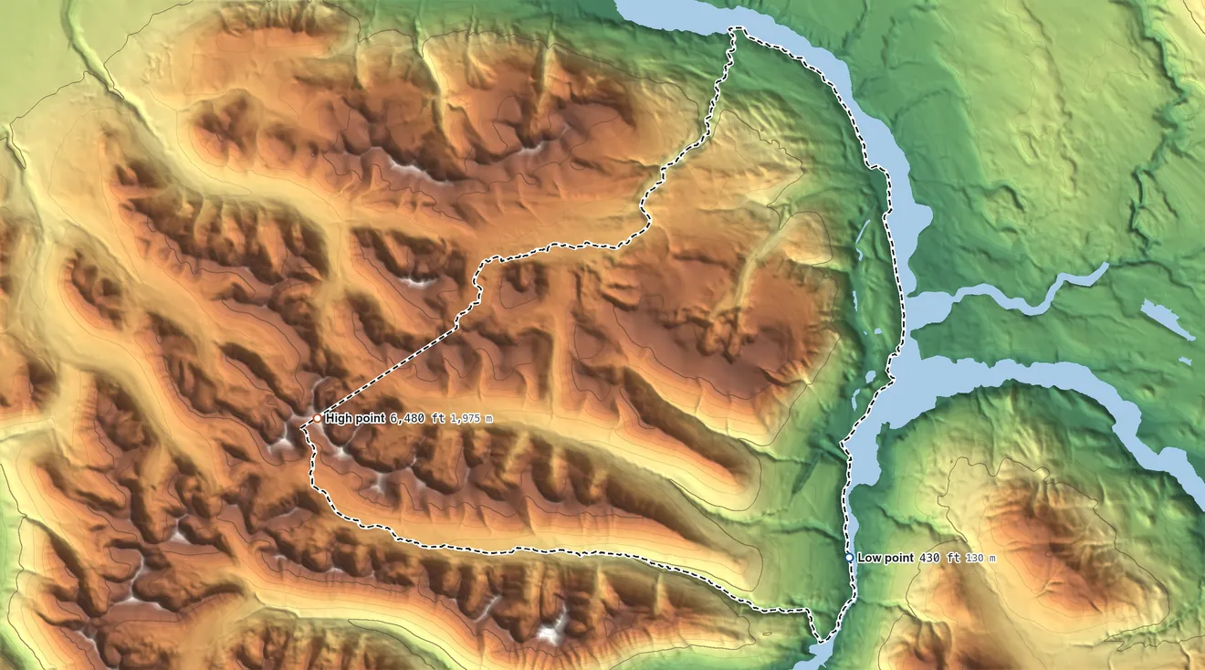 Topographic elevation map of Chitina ANVSA, Alaska, shaded from 430 ft on the southeast side to 6,480 ft on the west side