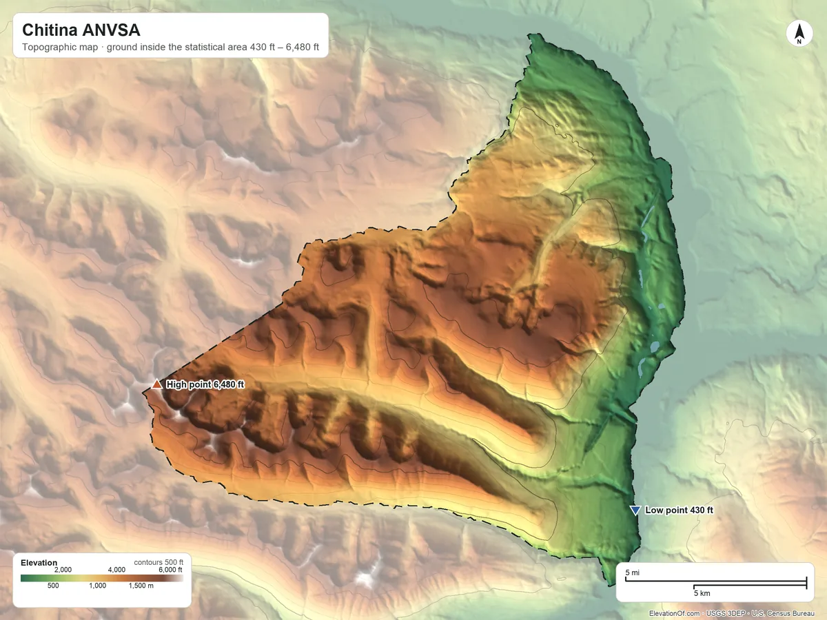 Topographic elevation map of Chitina ANVSA, Alaska, shaded from 430 ft on the southeast side to 6,480 ft on the west side