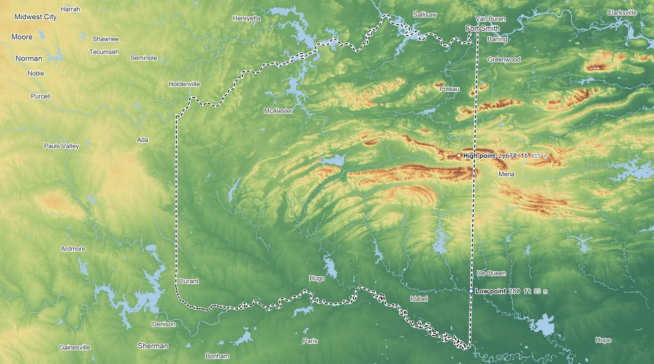 Topographic elevation map of Choctaw OTSA, Oklahoma, shaded from 280 ft on the southeast side to 2,670 ft on the east side